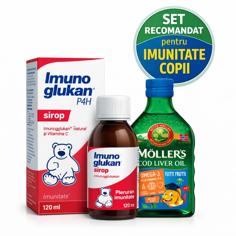 SET Recomandat Dr. AlexPharma – Imunitate Copii Imunoglukan P4H sirop + Möller’s Cod Liver Oil Omega-3 Tutti-Frutti 250 ml
