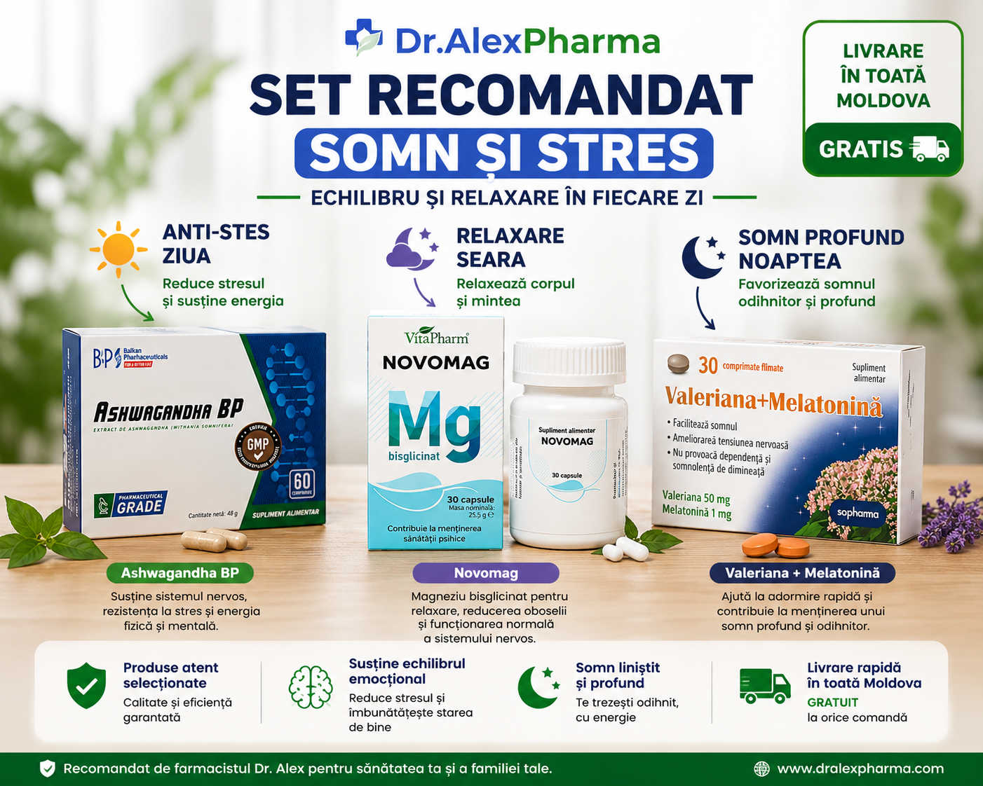 Set Somn și Stres – Recomandat de Dr. Alex | Ashwagandha + Magneziu Bisglicinat + Valeriana & Melatonina