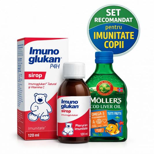 SET Recomandat Dr. AlexPharma – Imunitate Copii  Imunoglukan P4H sirop + Möller’s Cod Liver Oil Omega-3 Tutti-Frutti 250 ml