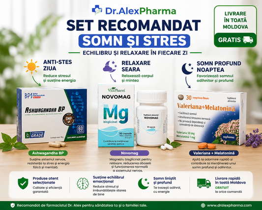 Set Somn și  Stres – Recomandat de Dr. Alex | Ashwagandha + Magneziu Bisglicinat + Valeriana & Melatonina